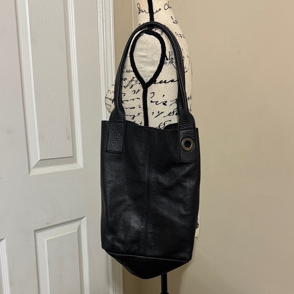 Black Leather Narrow Tote Bag Metal Grommet Detail Minimalist Lagenlook Fall